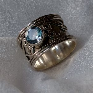 Sterling Blue Topaz Ornate Wide Band Ring